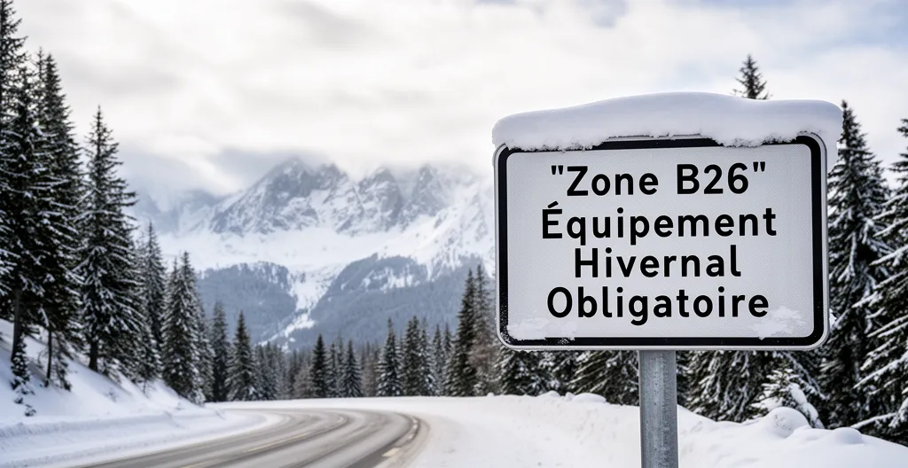 Panneau de signalisation indiquant une zone montagne à équipement hivernal obligatoire