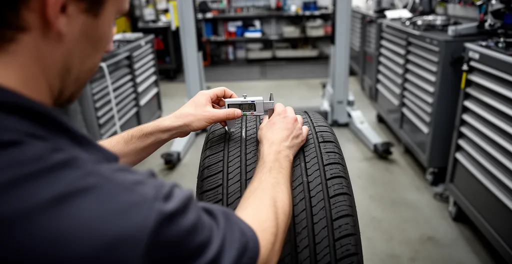 Technicien vérifiant la profondeur de gomme d'un pneu avec une jauge