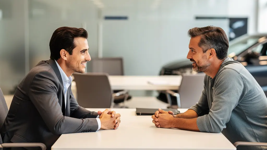Conseiller automobile discutant avec un client dans une concession Peugeot
