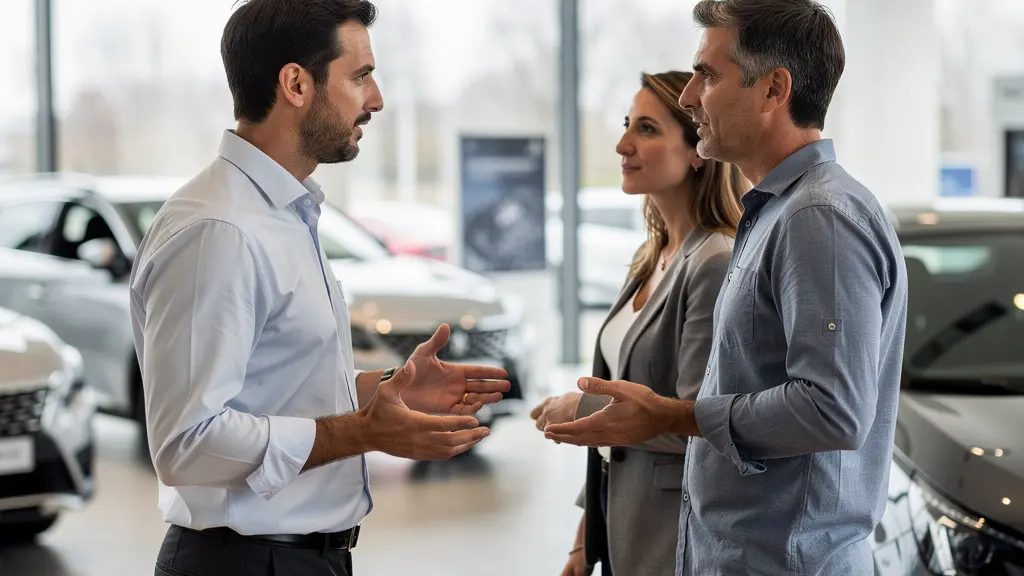 Conseiller automobile présentant un véhicule à un couple en showroom