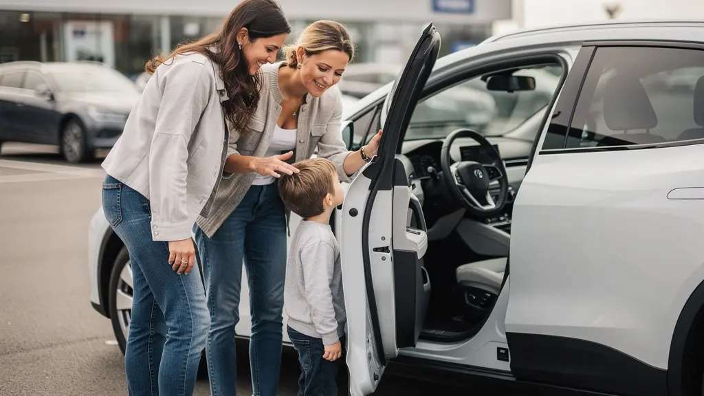 Famille découvrant l'intérieur d'un SUV électrique en concession