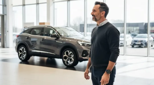 Client observant un SUV Peugeot dans un showroom moderne à Béziers
