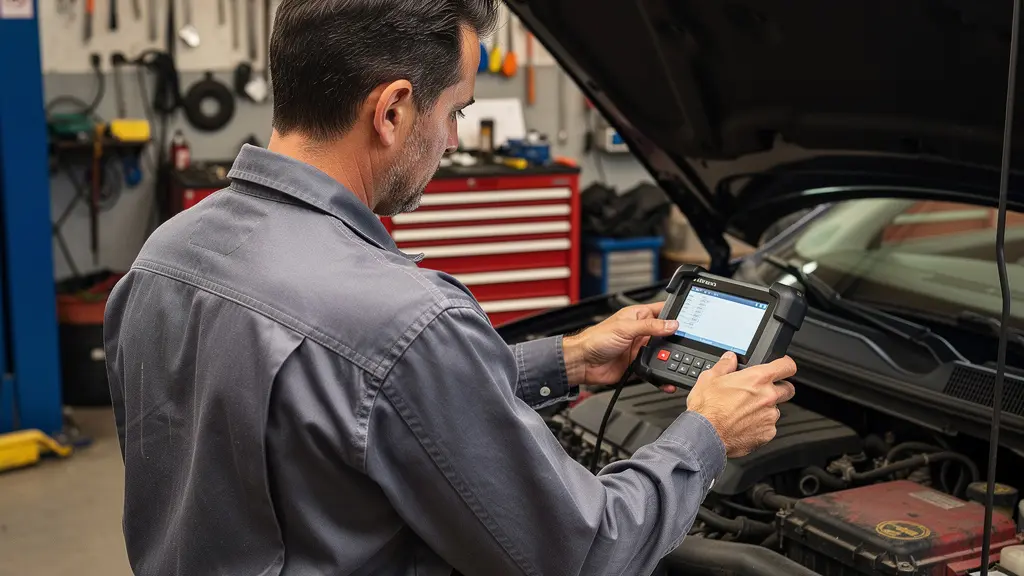 Technicien automobile réalisant un contrôle moteur avec outil de diagnostic