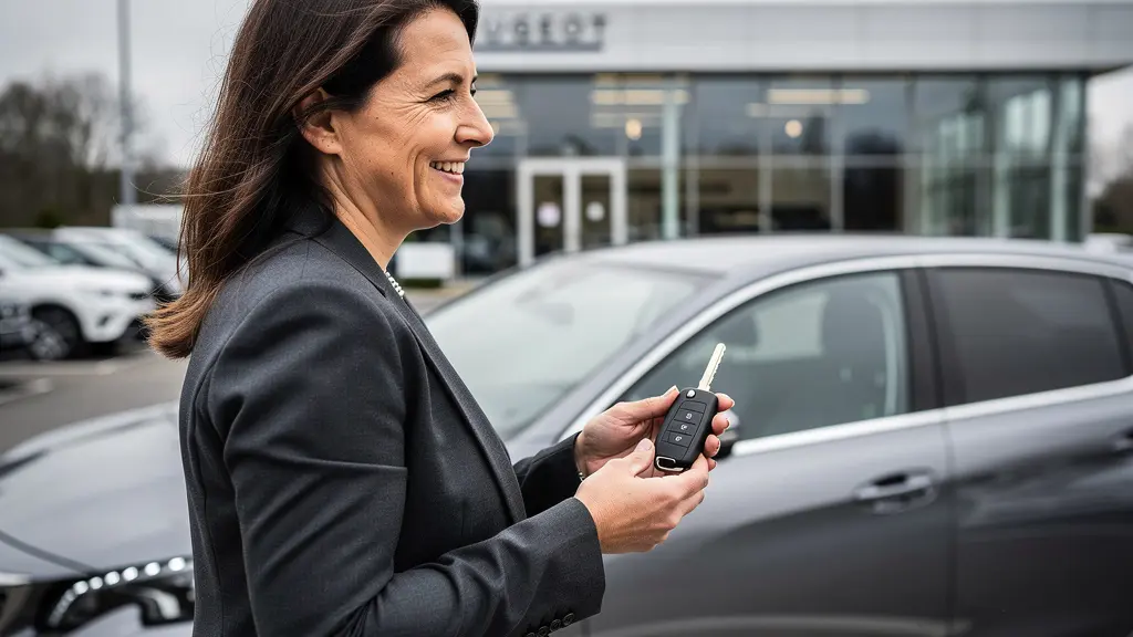 Cliente recevant les clés de sa nouvelle Peugeot devant la concession