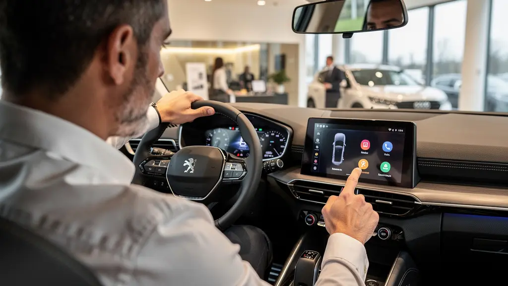 Conseiller automobile présentant le tableau de bord moderne d'une Peugeot à un client
