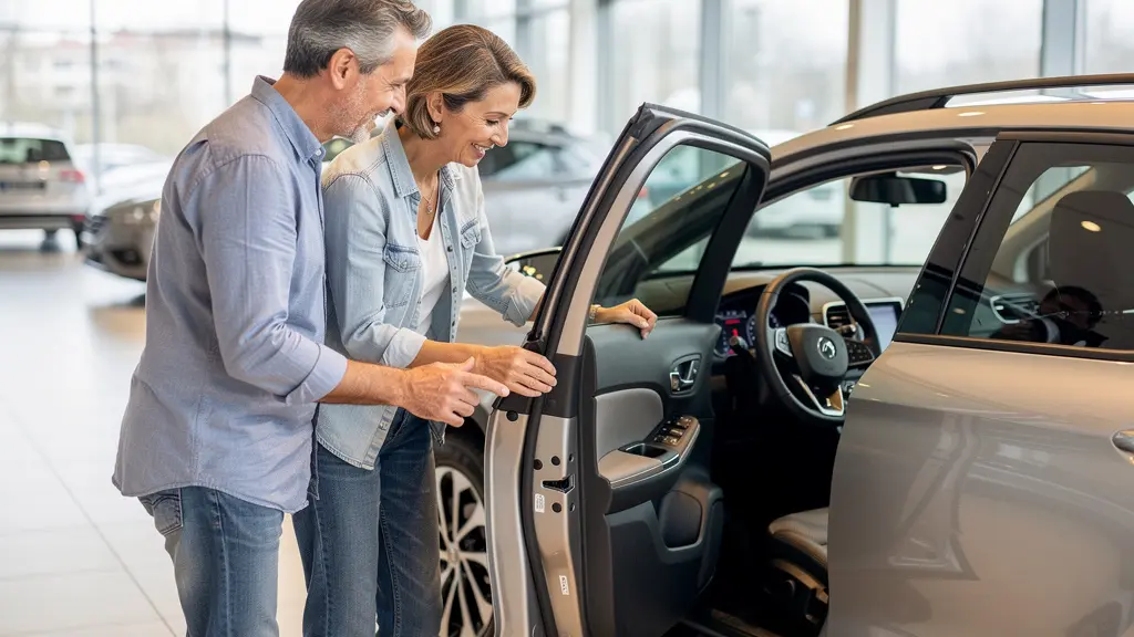 Couple français observant un SUV Peugeot dans un showroom automobile moderne